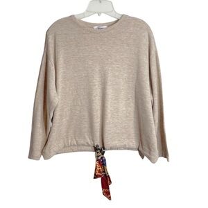 Zara Basics blouse with baroque print scarf & elastic waist. Women size M/ beige